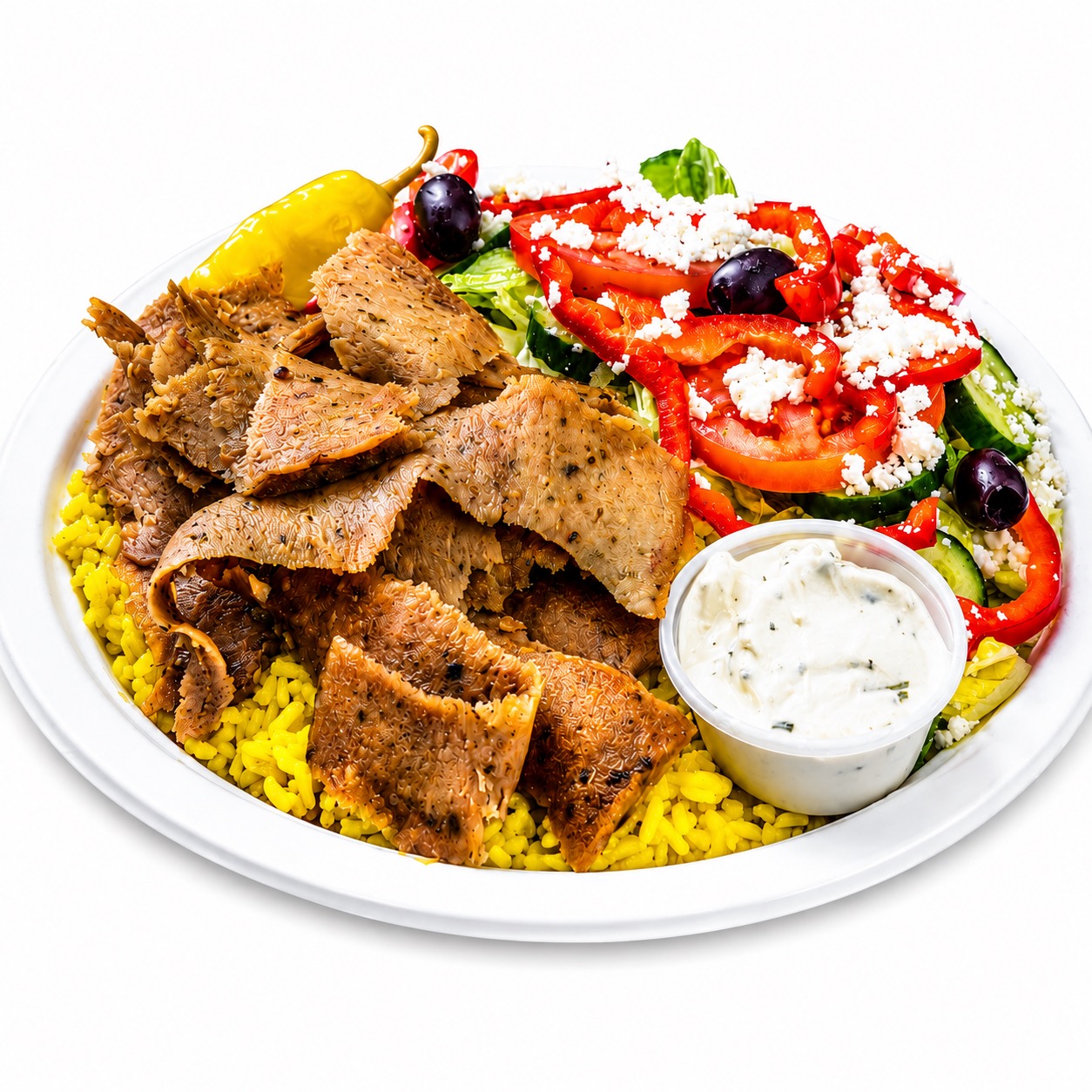 Gyro rice plate with Greek salad and tzatziki