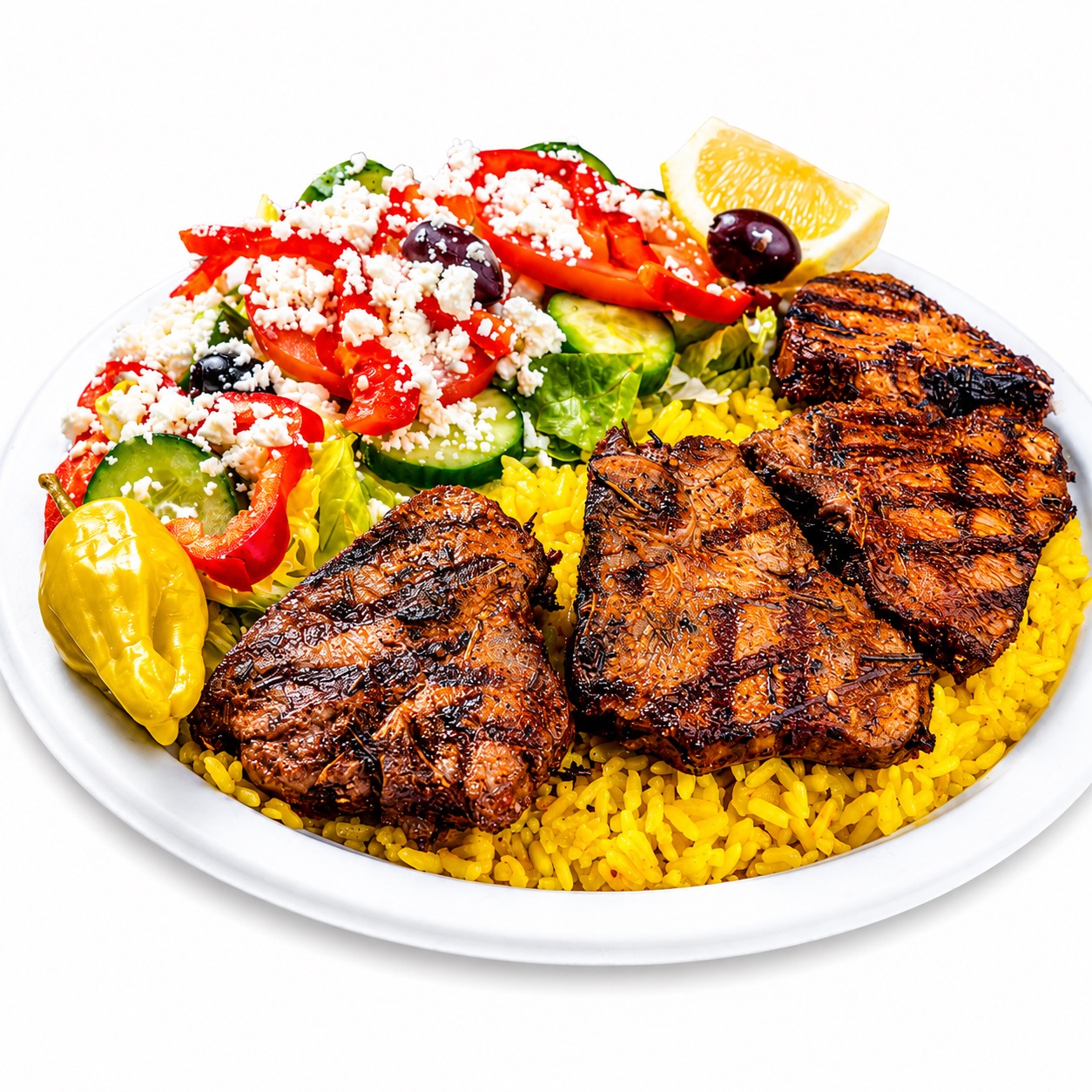 Grilled steak plate with rice and salad