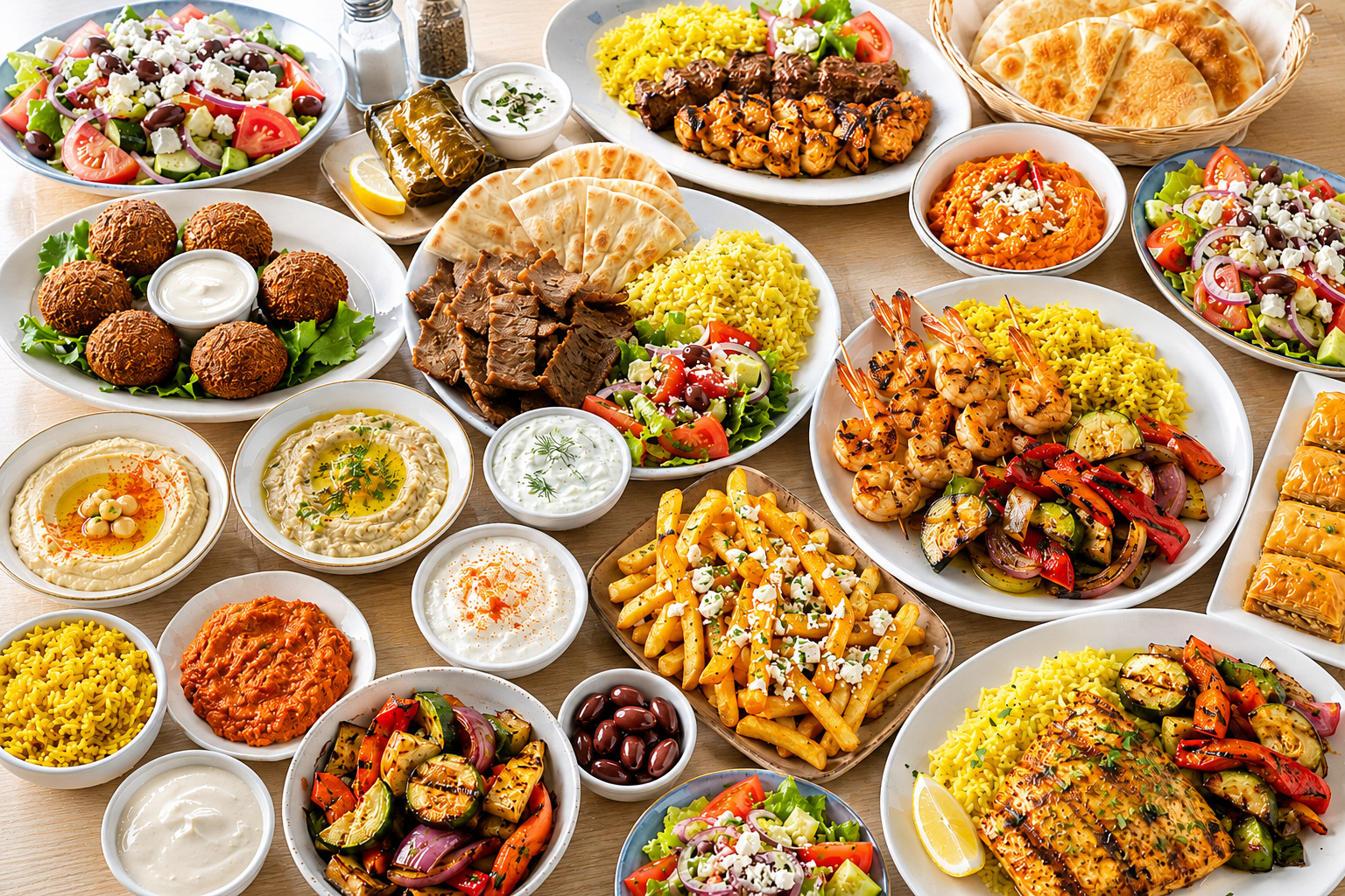 Mediterranean family-style spread with seafood, grilled meats, dips, and salads