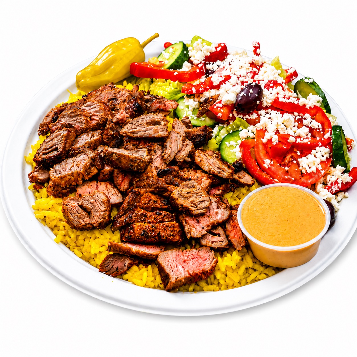 Steak rice plate with Greek salad and dressing