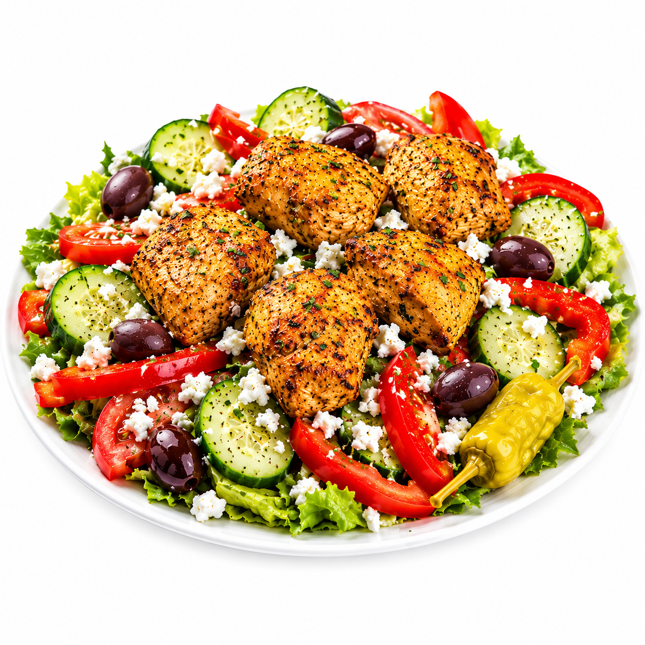 Chicken kabob Greek salad with feta, olives, cucumber and tomato