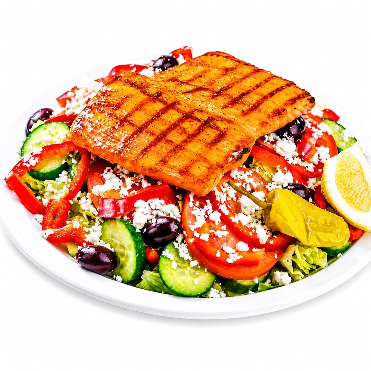 Grilled salmon Greek salad