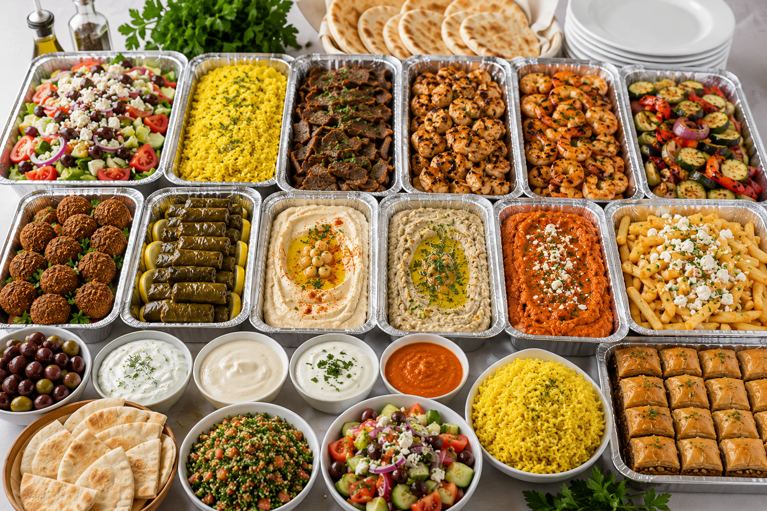 Greek catering spread with salads, dips, rice, shrimp, and baklava