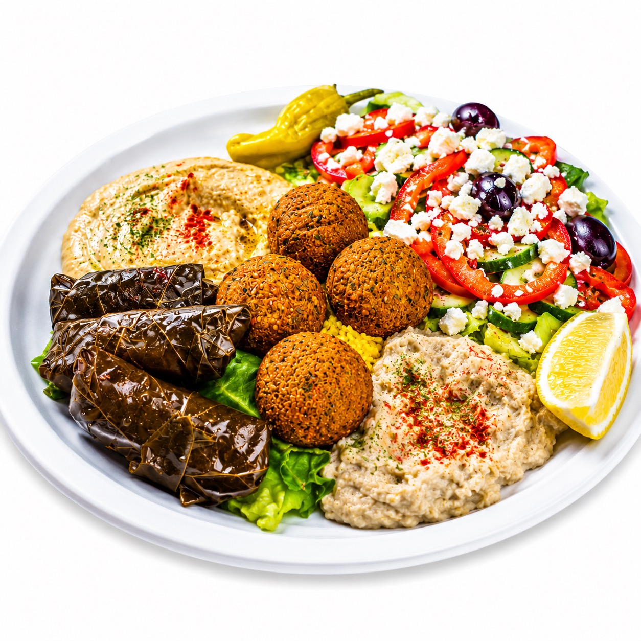 Vegetarian combo with falafel, hummus, dolmas