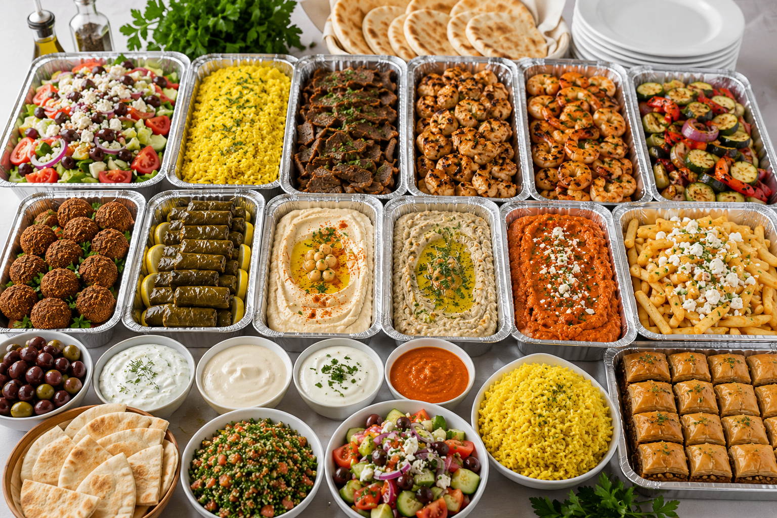 Greek catering spread for an event