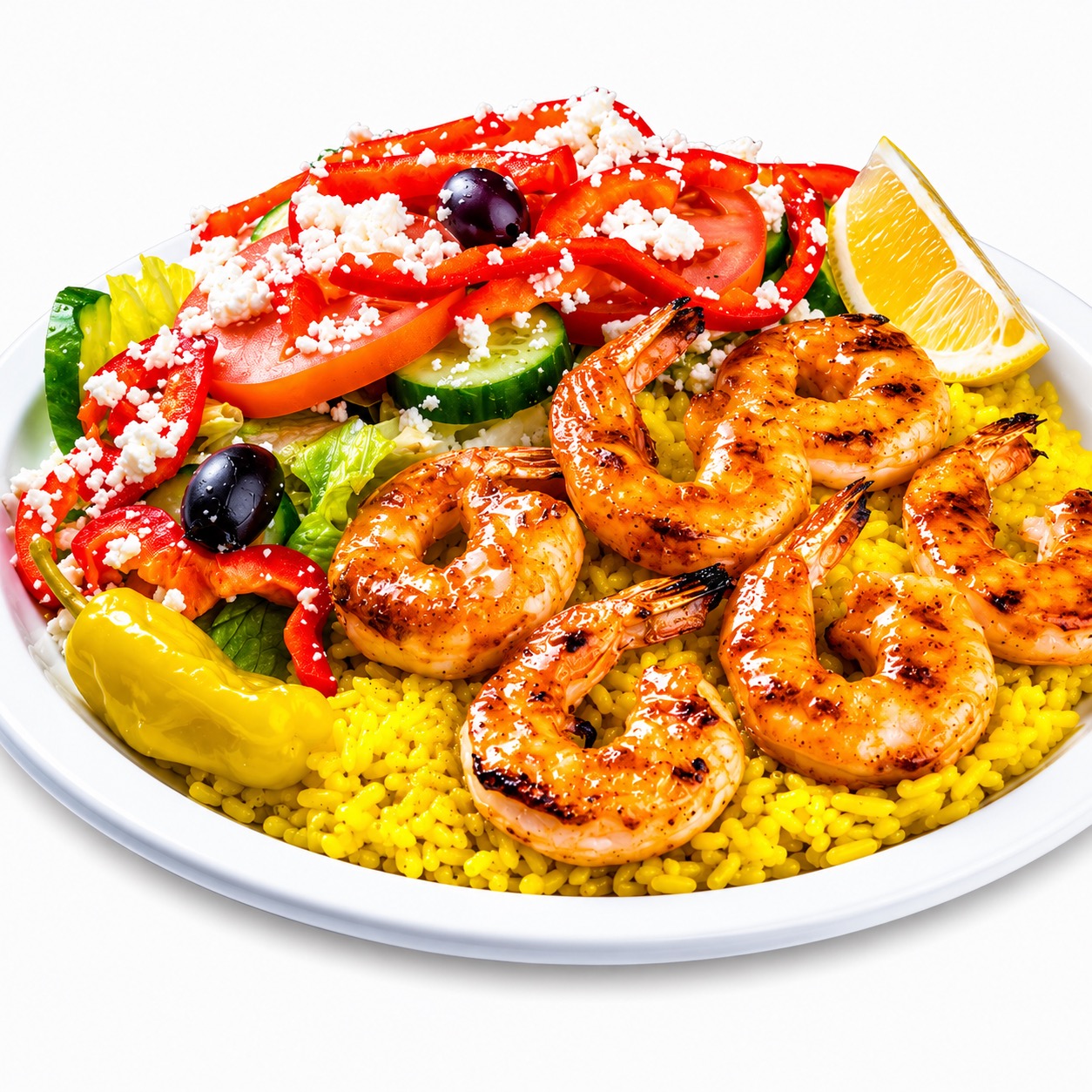 Grilled shrimp plate with rice and salad